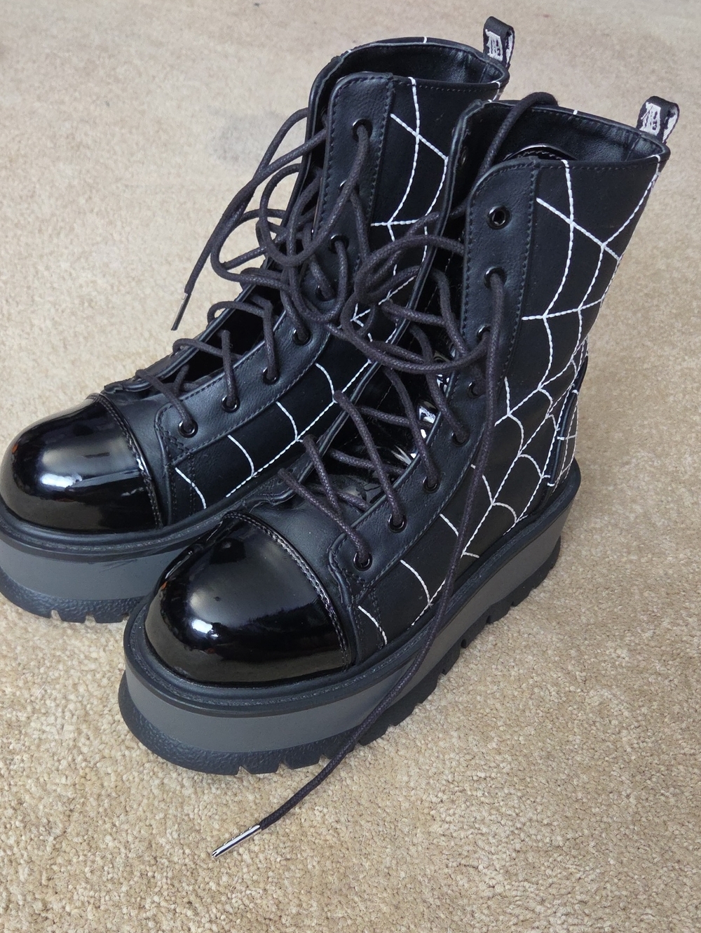 Demonia Black Lace-Up Platform Combat Boots with Spider Webs